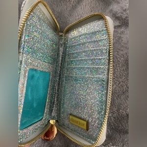Deux lux shimmery iridescent silver wallet w/ turquoise lining and gold accents!
